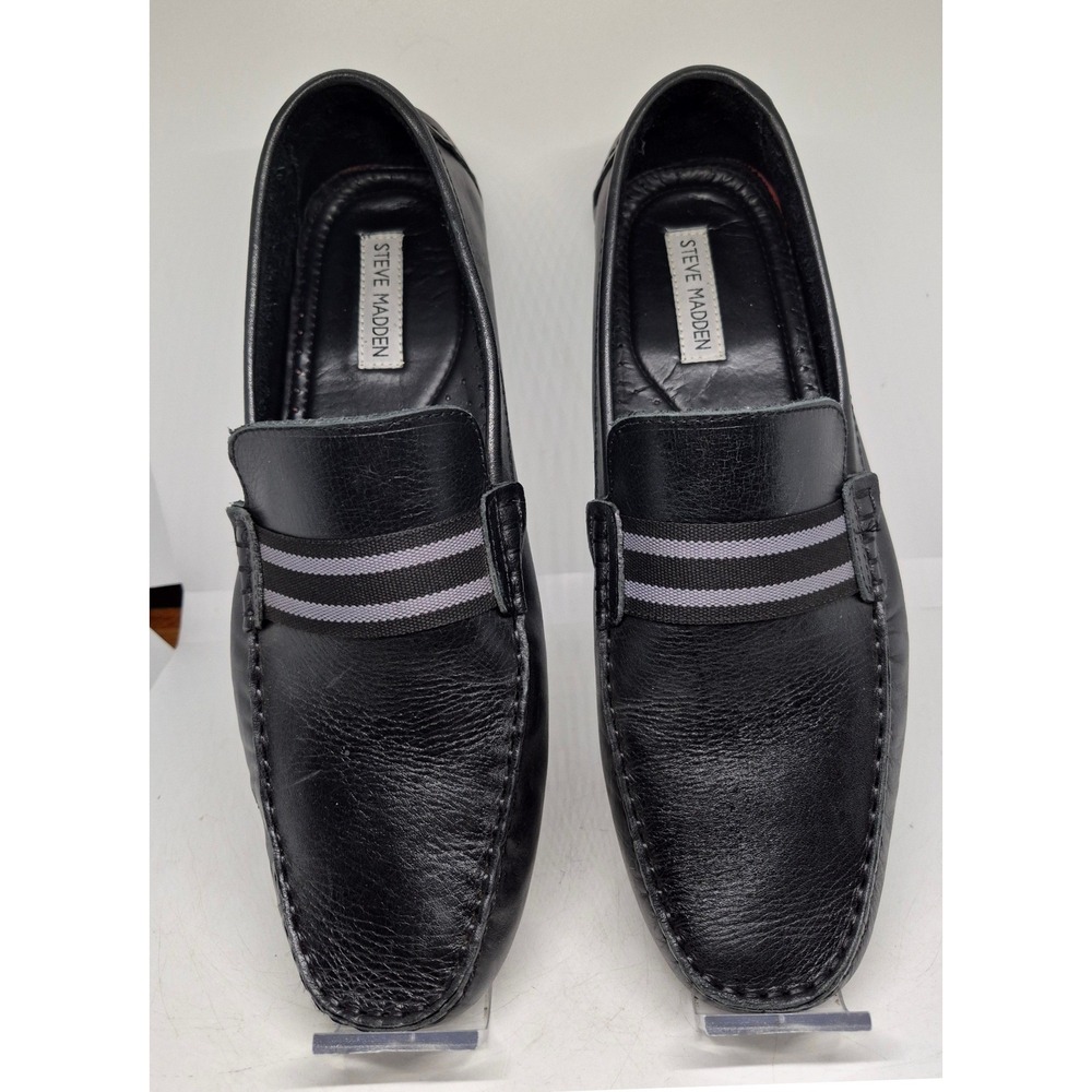 Steve Madden Loafers Men SZ 10.5 Blk Leather Striped Webbing Driving Slip On
